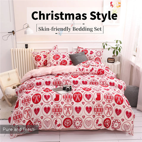 Wishstar Red Christmas Bedding Single Double Duvet Qulit Cover Bed Sheet Pillowcase Full Bedding Set New Year's Bed Linen Set